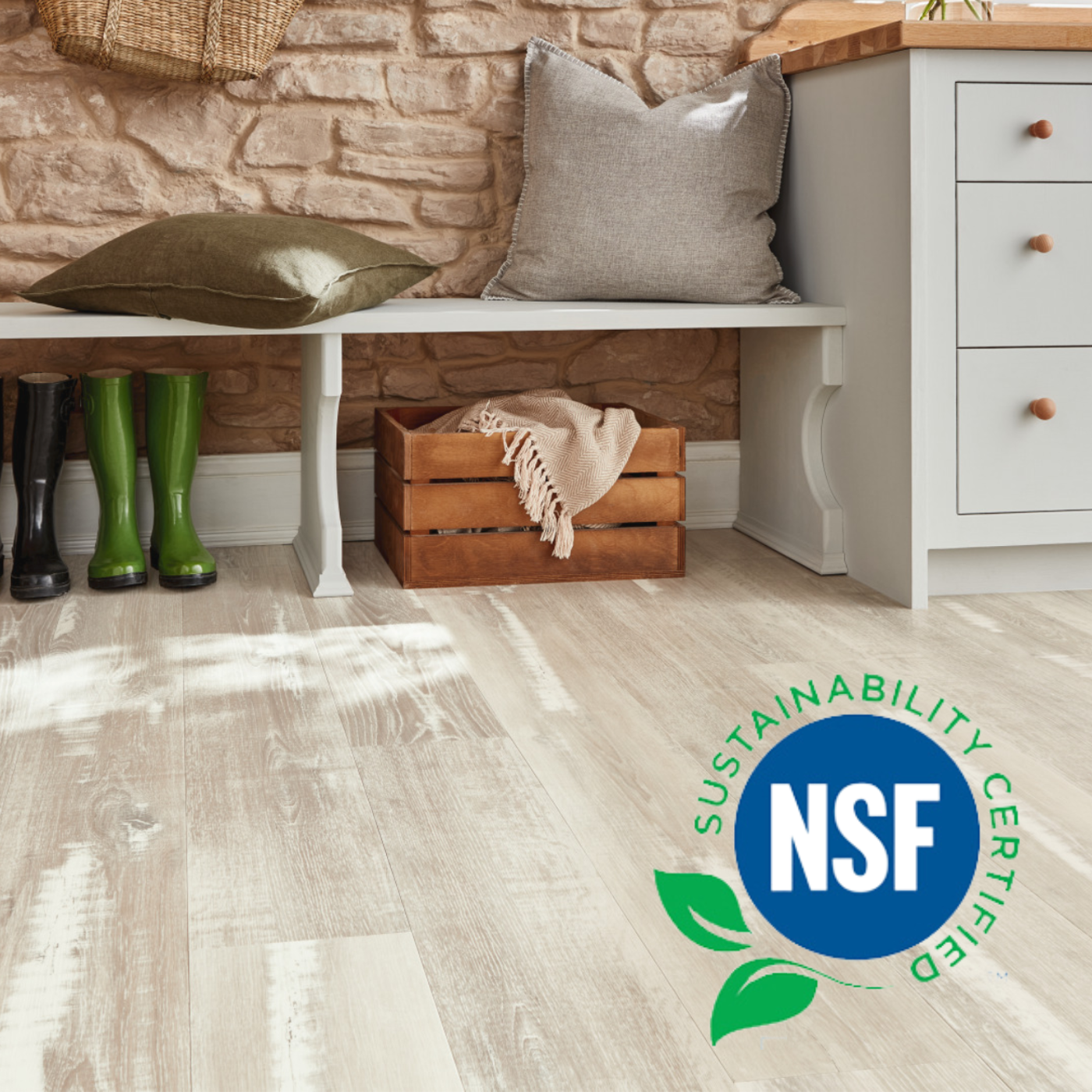 Silver Farmhouse Oak VGW137T | SCB137 in a mudroom with the NSF sustainability logo