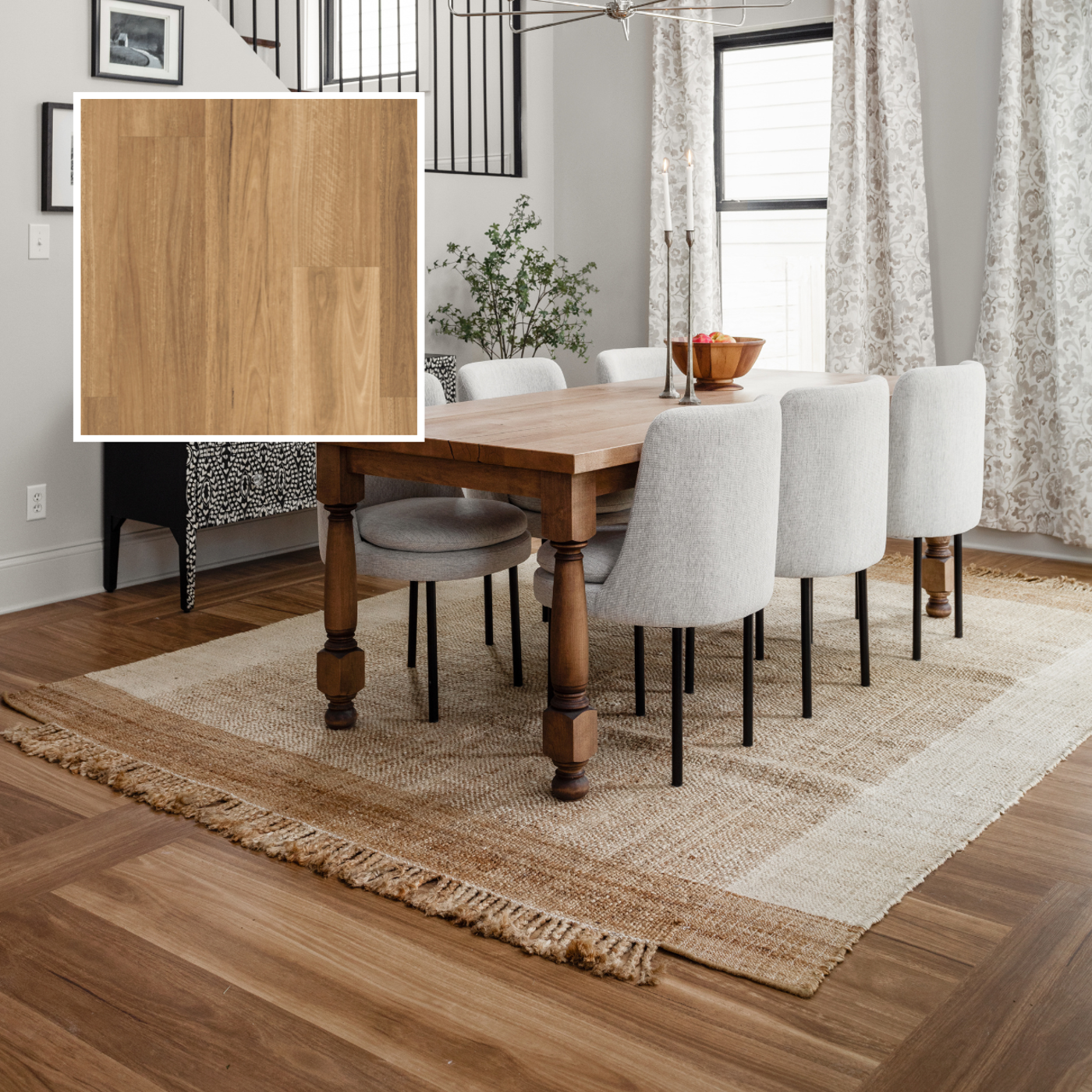 Lemon Spotted Gum LLP317 in a dining room designed by Mina Starsiak Hawk on Good Bones Season 8; photo credit: Cory Phillips, The Home Aesthetic