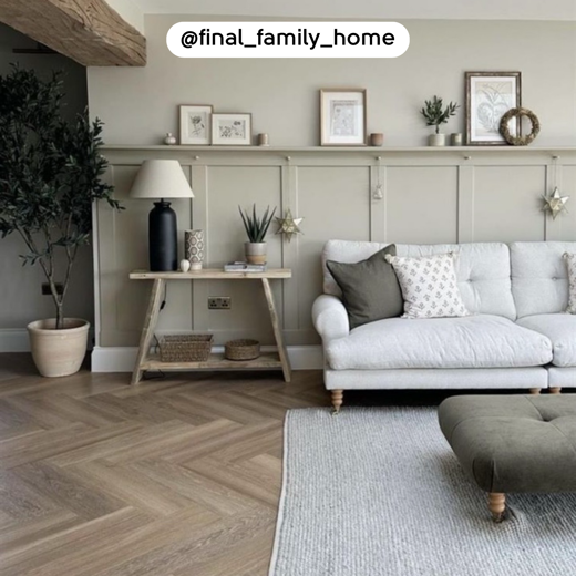 Lime Washed Oak KP99 herringbone floors in a living room; photo credit: @final_family_home