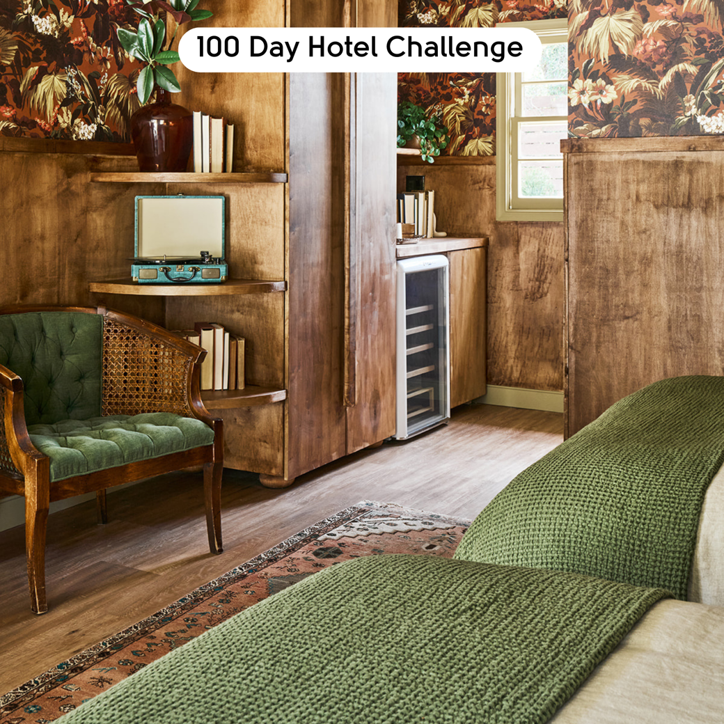 Champagne Oak LLP310 floors in a double bedroom designed by Mika Kleinschmidt in 100 Day Hotel Challenge