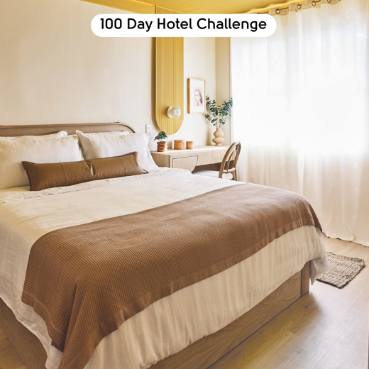 Nude Danish Oak LLP358 floors in a yellow motel room designed by Brian Kleinschmidt in 100 Day Hotel Challenge